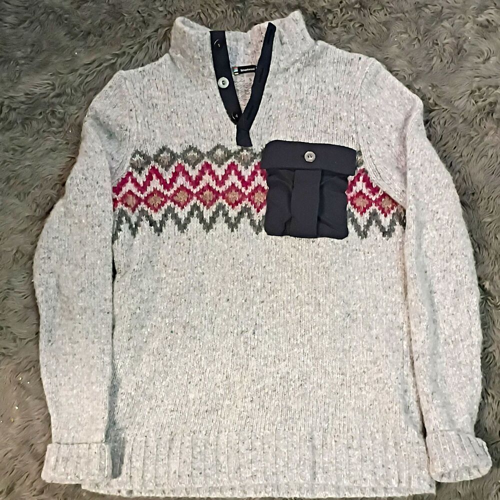 Smartwool Womens Gray Red Green Fair Isle Knit Wool Mock Neck Pullover S